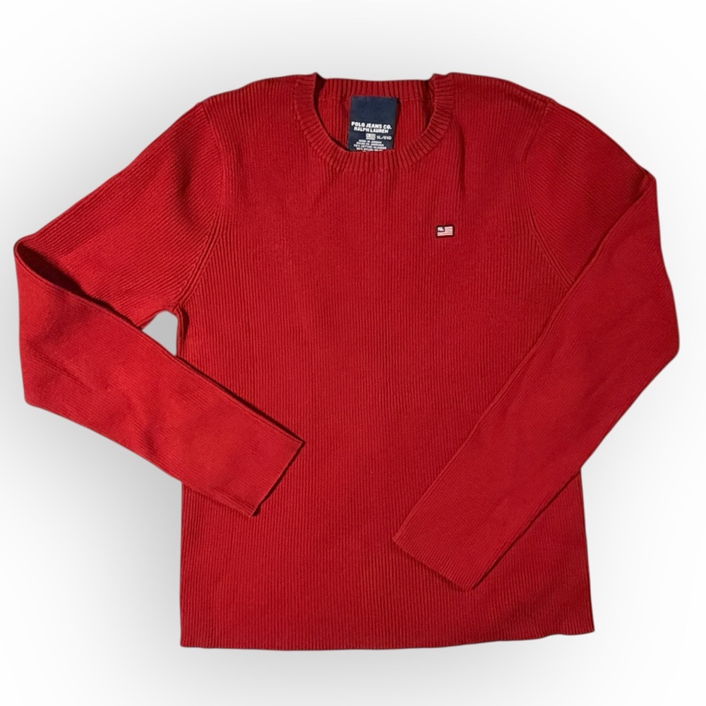Vtg Polo Ralph Lauren Women’s Red Crewneck Sweater Flag‎ logo stretch